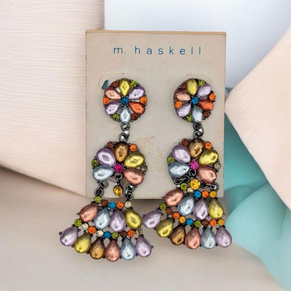 Designer Multicolor Glass Crystal Rhinestone Chandelier Dangle Post Earrings NWT